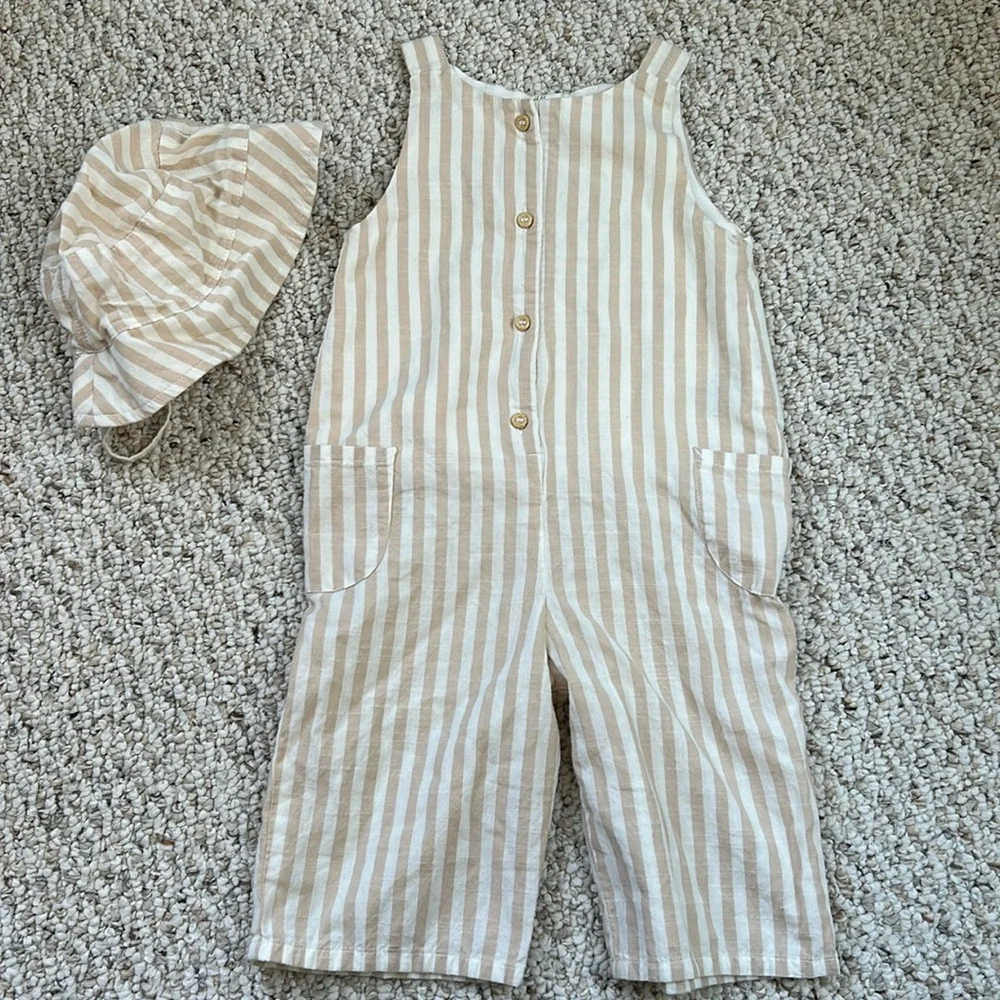 H&M tan and white striped overall romper with sun hat 9-12 months - Picture 1 of 6